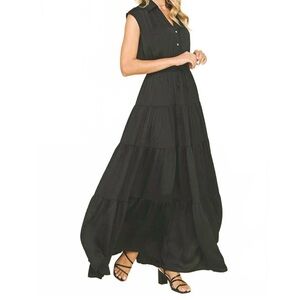 NWT pinch maxi sateen sleeveless tiered button down dress size L in black